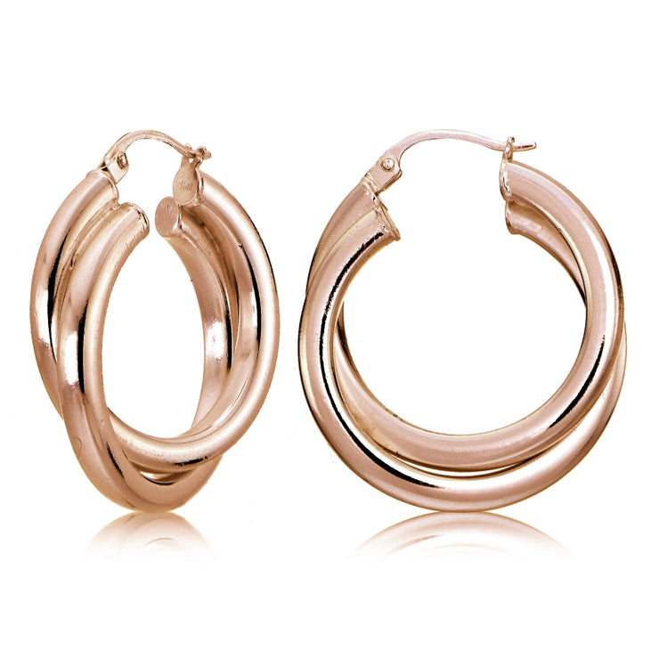 Rose Gold Flash Sterling Silver Square-Tube 30mm Crossover Double Round Hoop Earrings