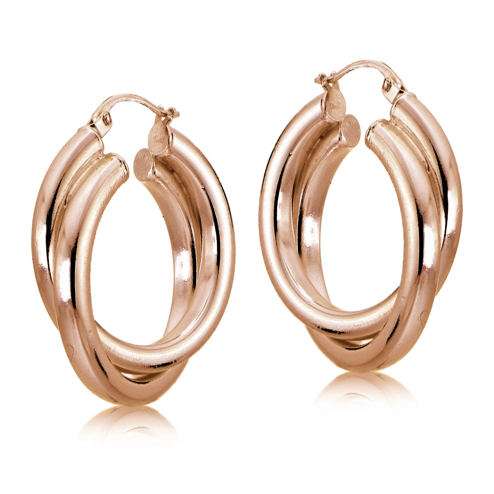 Rose Gold Flash Sterling Silver Square-Tube 30mm Crossover Double Round Hoop Earrings-2