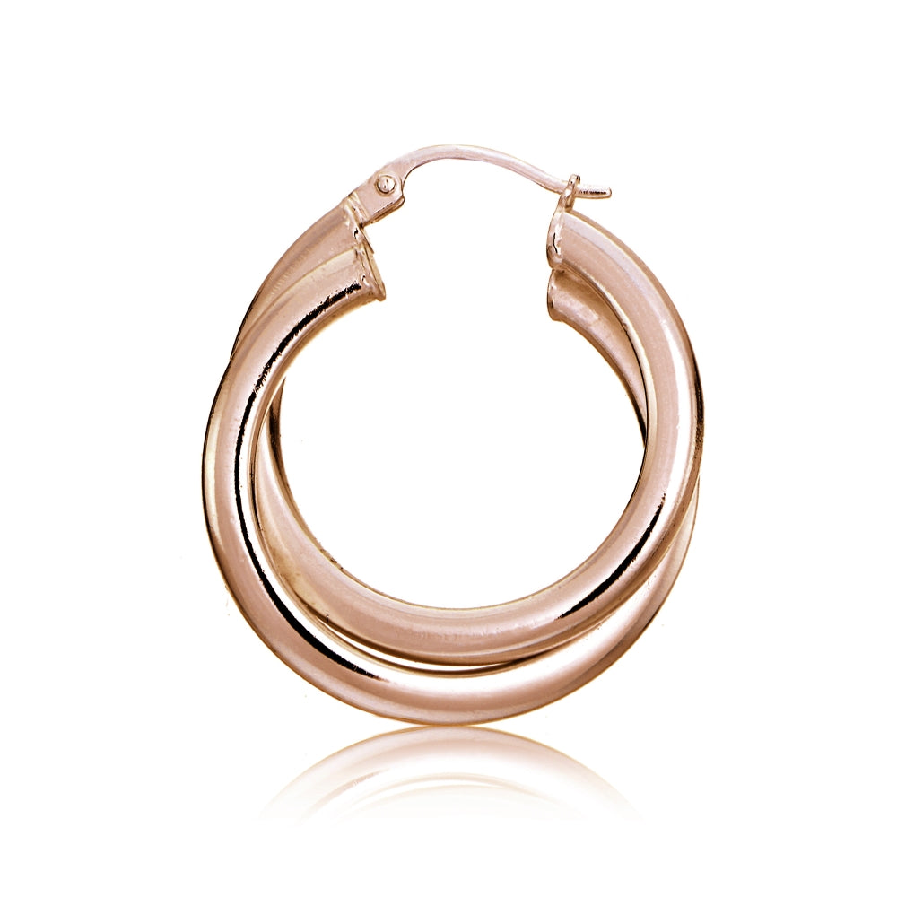 Rose Gold Flash Sterling Silver Square-Tube 30mm Crossover Double Round Hoop Earrings-3