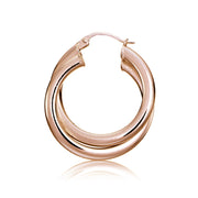 Rose Gold Flash Sterling Silver Square-Tube 30mm Crossover Double Round Hoop Earrings