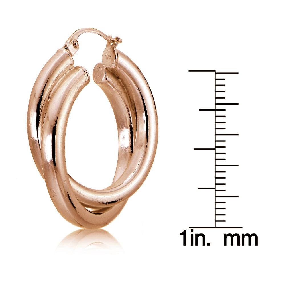 Rose Gold Flash Sterling Silver Square-Tube 30mm Crossover Double Round Hoop Earrings-4