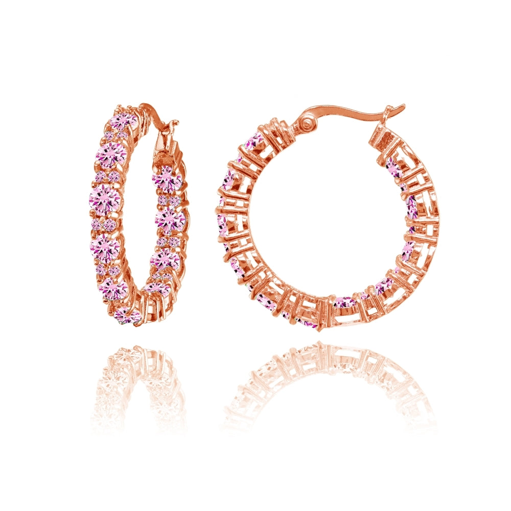 Rose Gold Flashed Sterling Silver Light Pink Cubic Zirconia Inside Out 28mm Round Hoop Earrings