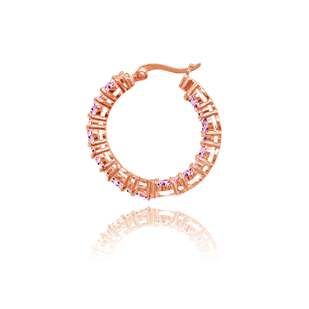Rose Gold Flashed Sterling Silver Light Pink Cubic Zirconia Inside Out 28mm Round Hoop Earrings-2