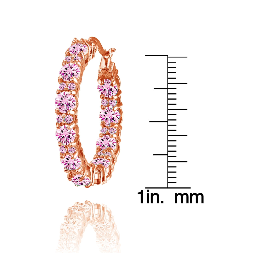 Rose Gold Flashed Sterling Silver Light Pink Cubic Zirconia Inside Out 28mm Round Hoop Earrings-3