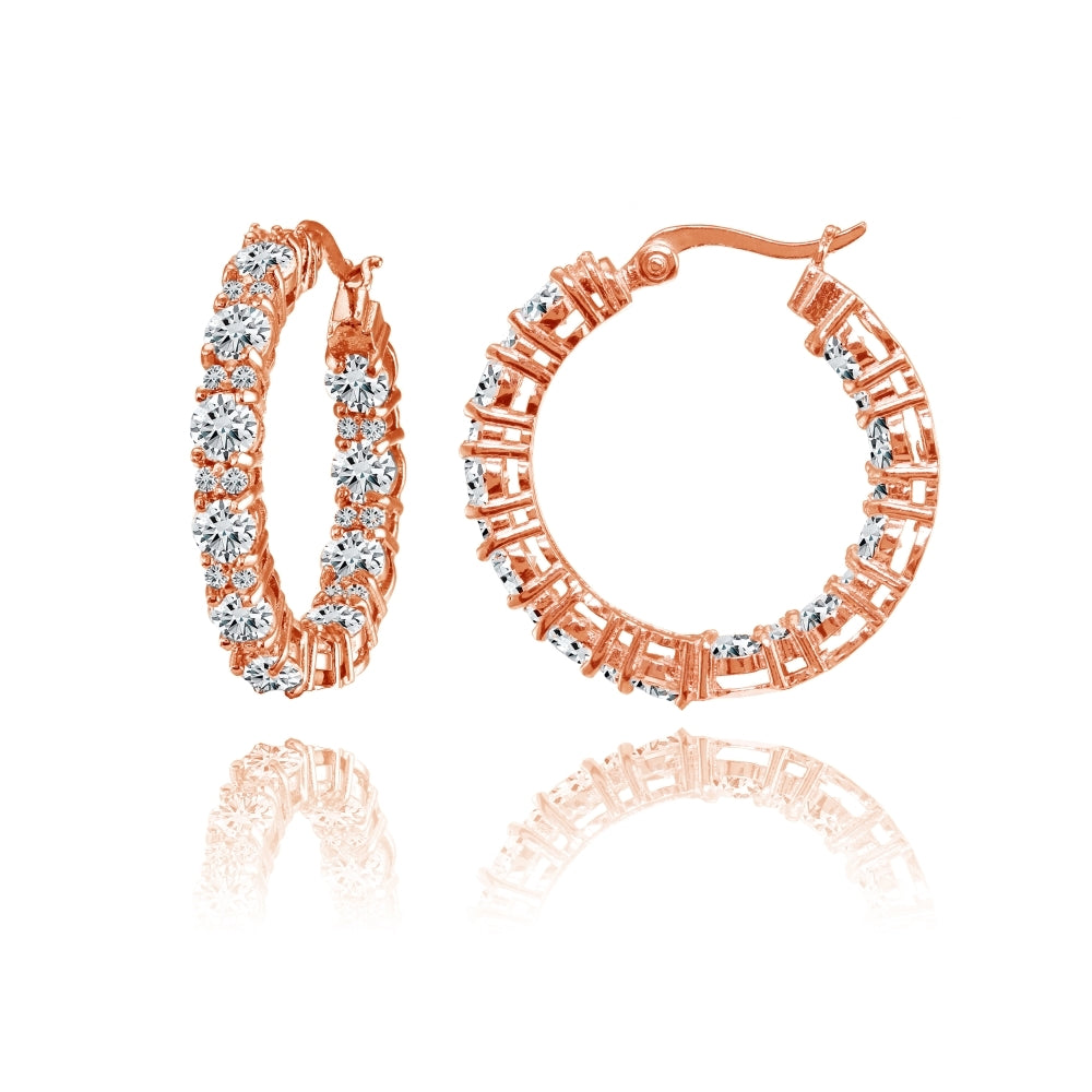 Rose Gold Flashed Silver Cubic Zirconia Inside Out 28mm Round Hoop Earrings