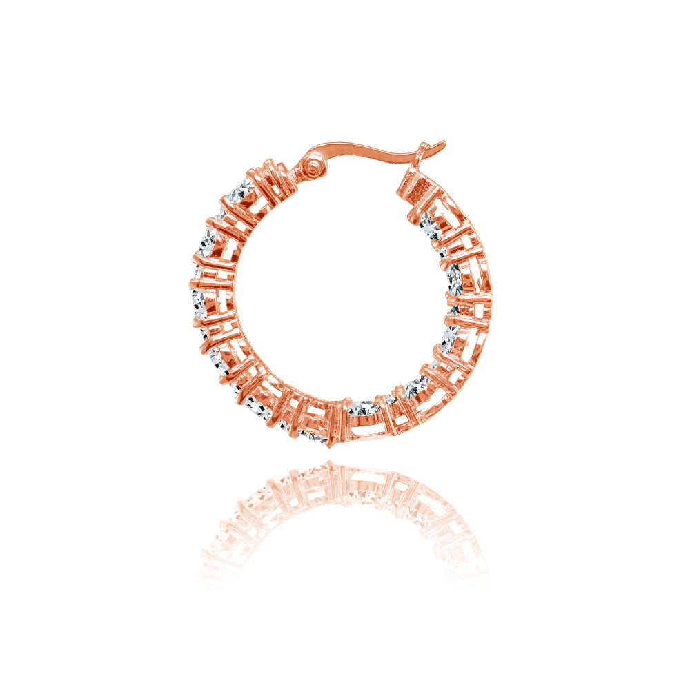 Rose Gold Flashed Silver Cubic Zirconia Inside Out 28mm Round Hoop Earrings-2