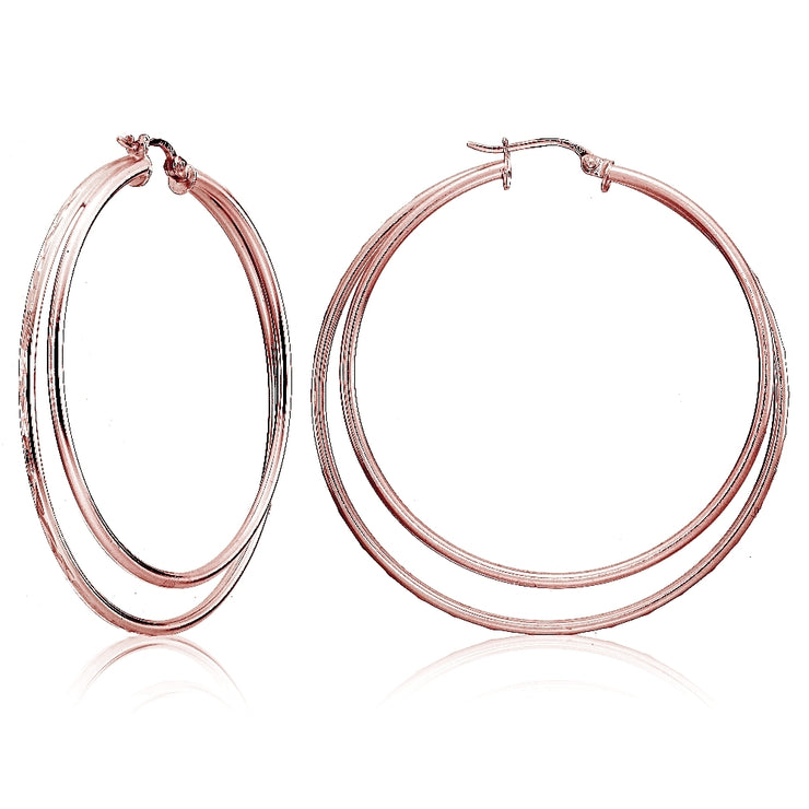 Rose Gold Flashed Sterling Silver Double Circle Square-Tube Diamond Cut 45mm Round Hoop Earrings