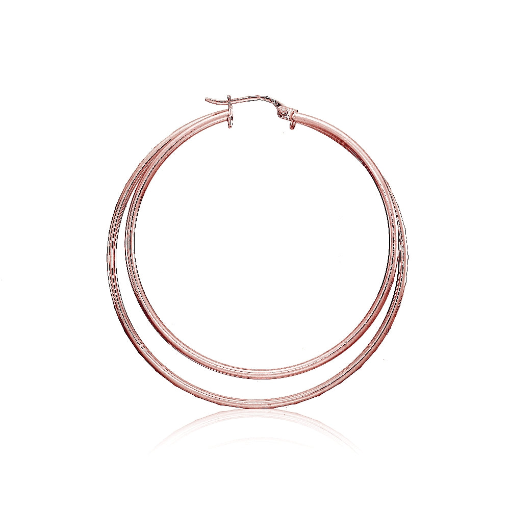 Rose Gold Flashed Sterling Silver Double Circle Square-Tube Diamond Cut 45mm Round Hoop Earrings-2