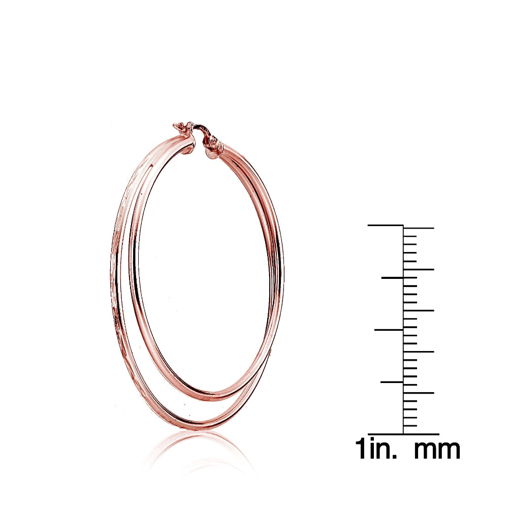 Rose Gold Flashed Sterling Silver Double Circle Square-Tube Diamond Cut 45mm Round Hoop Earrings-3