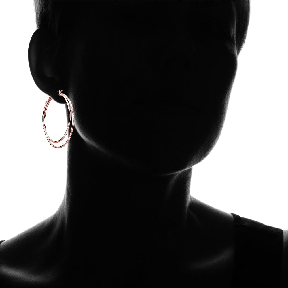 Rose Gold Flashed Sterling Silver Double Circle Square-Tube Diamond Cut 45mm Round Hoop Earrings-4