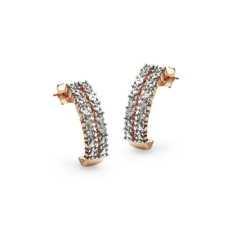 Rose Gold Flashed Sterling Silver Pave Diamond Accent Half Hoop Huggie Earrings, JK-I3