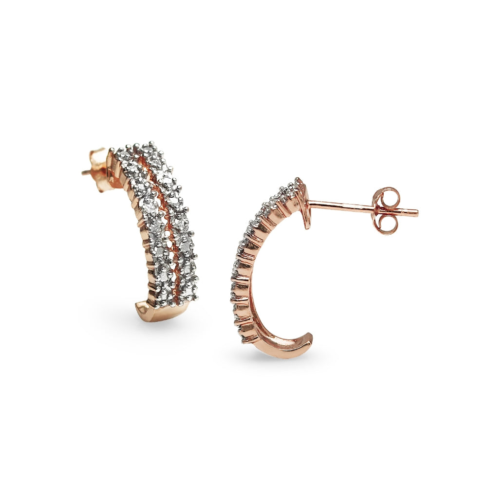 Rose Gold Flashed Sterling Silver Pave Diamond Accent Half Hoop Huggie Earrings, JK-I3-2