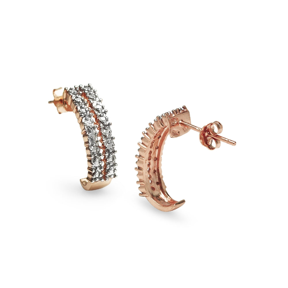 Rose Gold Flashed Sterling Silver Pave Diamond Accent Half Hoop Huggie Earrings, JK-I3-3