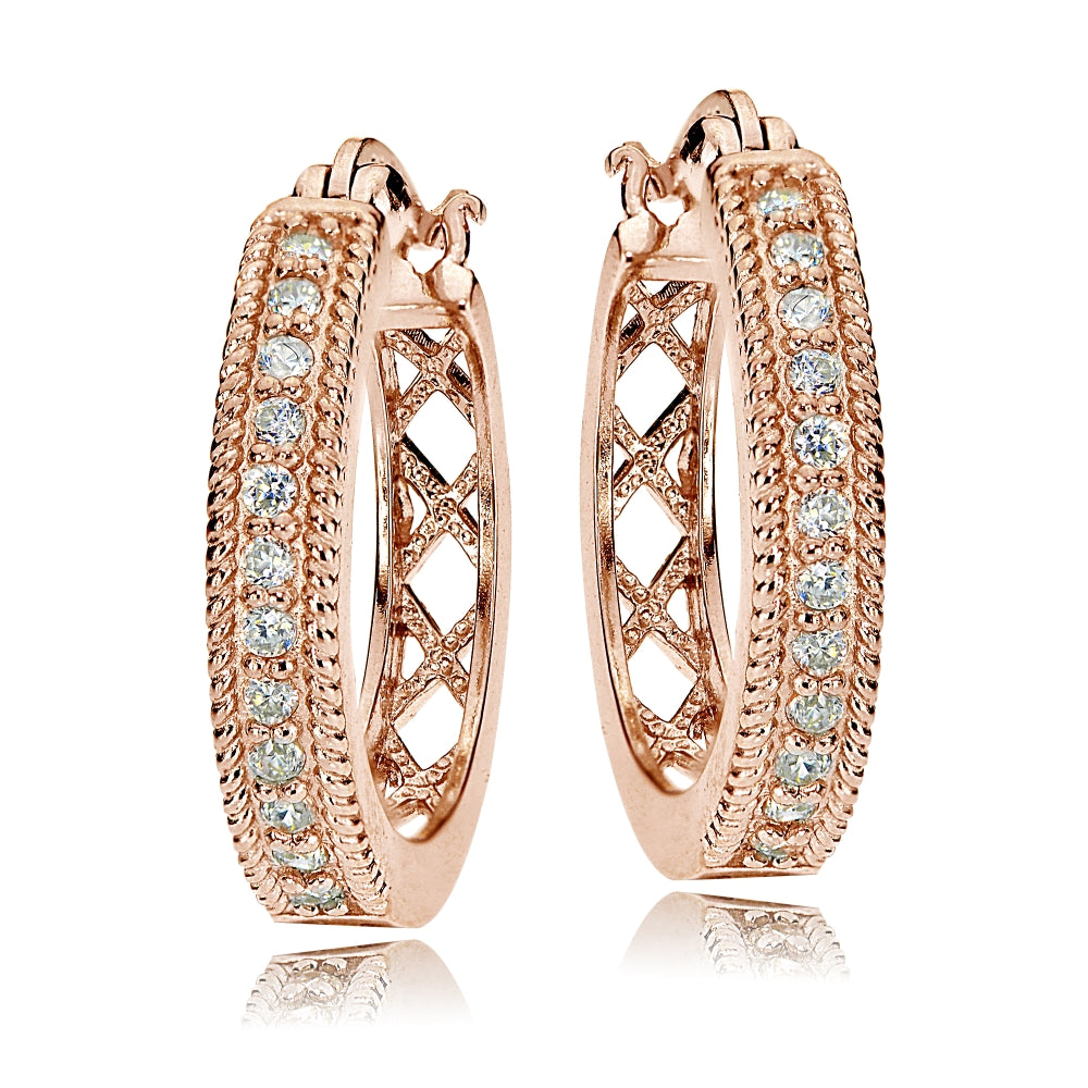 Rose Gold Flashed Sterling Silver Cubic Zironia 20mm Open Grid Hoop Earrings-2