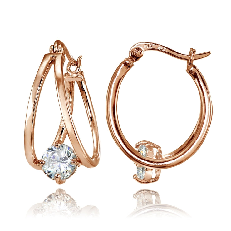 Rose Gold Flashed Sterling Silver Oval Double Hoop Cubic Zirconia Earrings