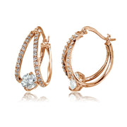 Rose Gold Flashed Sterling Silver Cubic Zirconia Oval Double Hoop Earrings