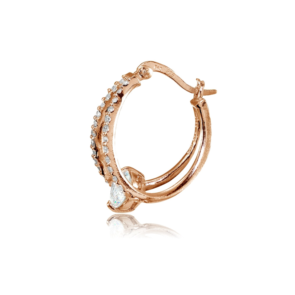 Rose Gold Flashed Sterling Silver Cubic Zirconia Oval Double Hoop Earrings-2