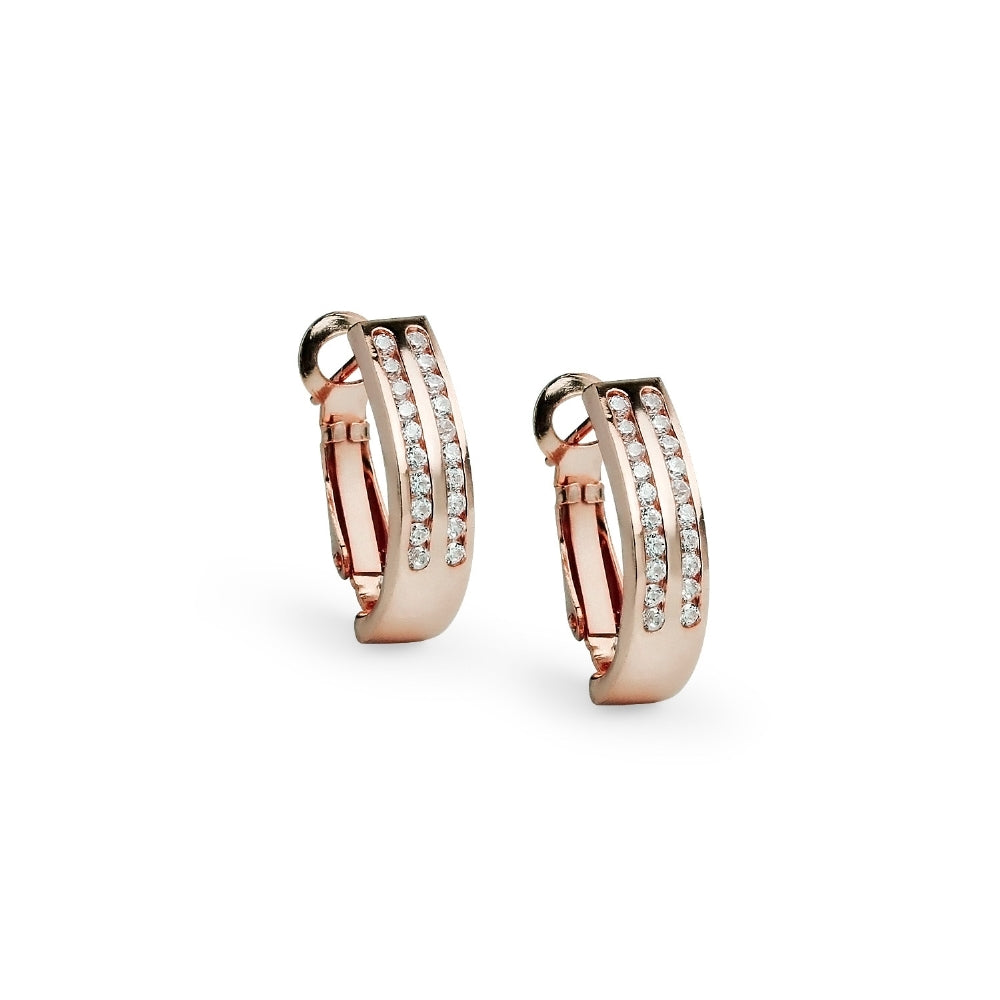 Rose Gold Flashed Sterling Silver Cubic Zirconia Two Row Clutchless Oval Half Hoop Earrings