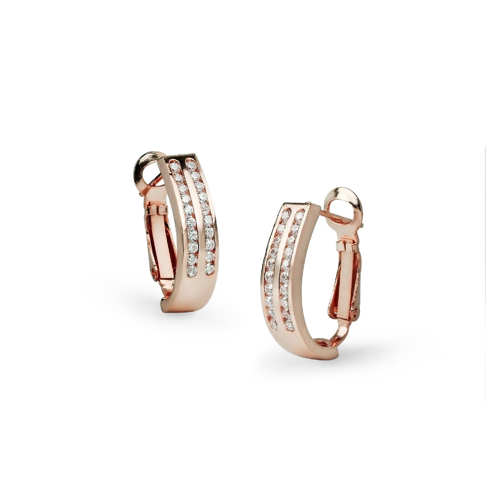 Rose Gold Flashed Sterling Silver Cubic Zirconia Two Row Clutchless Oval Half Hoop Earrings-2