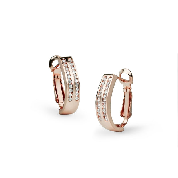 Rose Gold Flashed Sterling Silver Cubic Zirconia Two Row Clutchless Oval Half Hoop Earrings