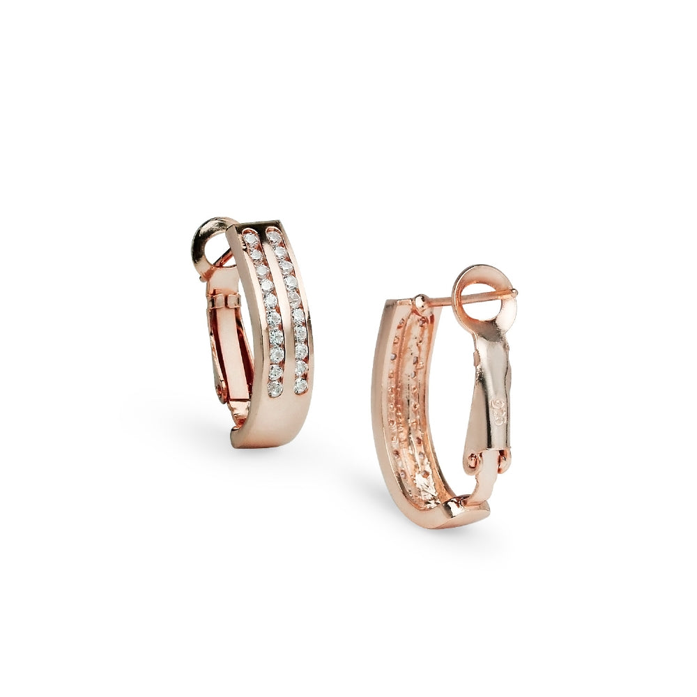 Rose Gold Flashed Sterling Silver Cubic Zirconia Two Row Clutchless Oval Half Hoop Earrings-3