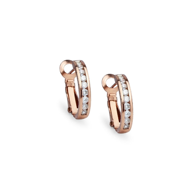 Rose Gold Flashed Sterling Silver Cubic Zirconia 18mm Clutchless Channel Set Oval Half Hoop Earrings