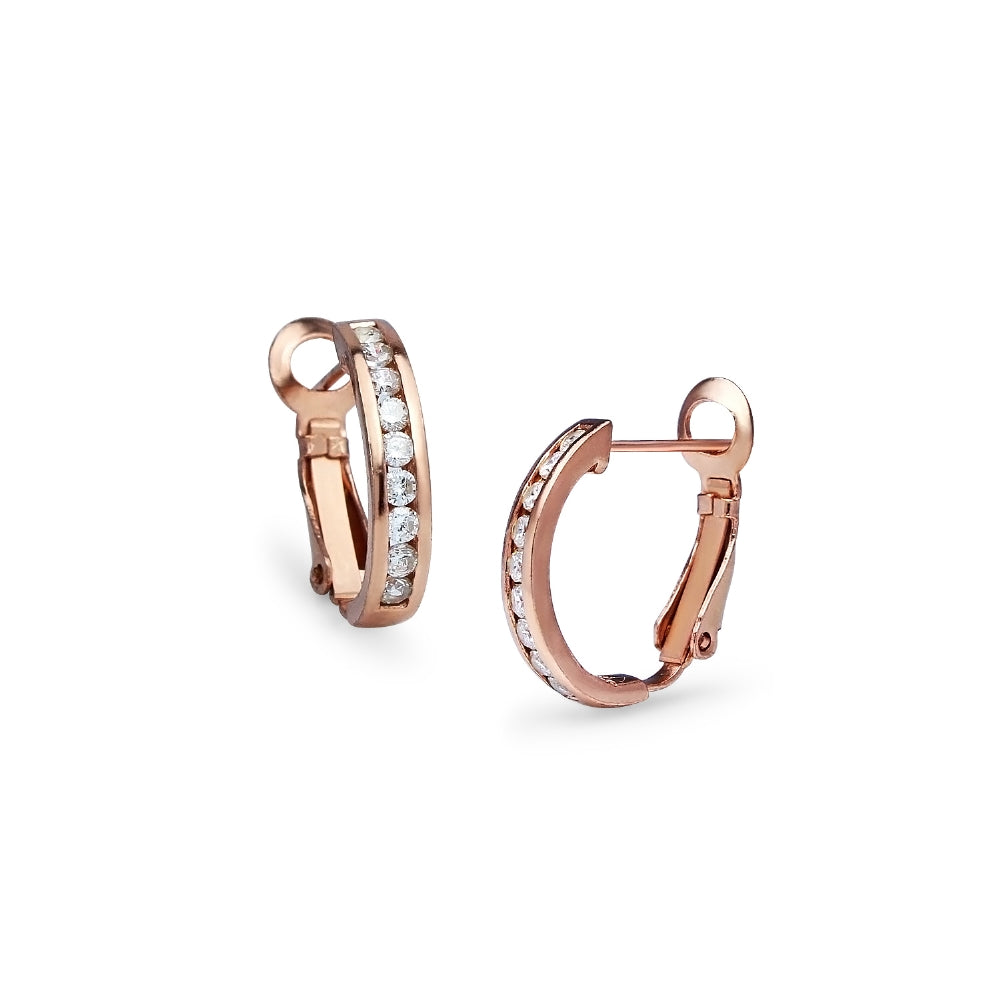 Rose Gold Flashed Sterling Silver Cubic Zirconia 18mm Clutchless Channel Set Oval Half Hoop Earrings-2