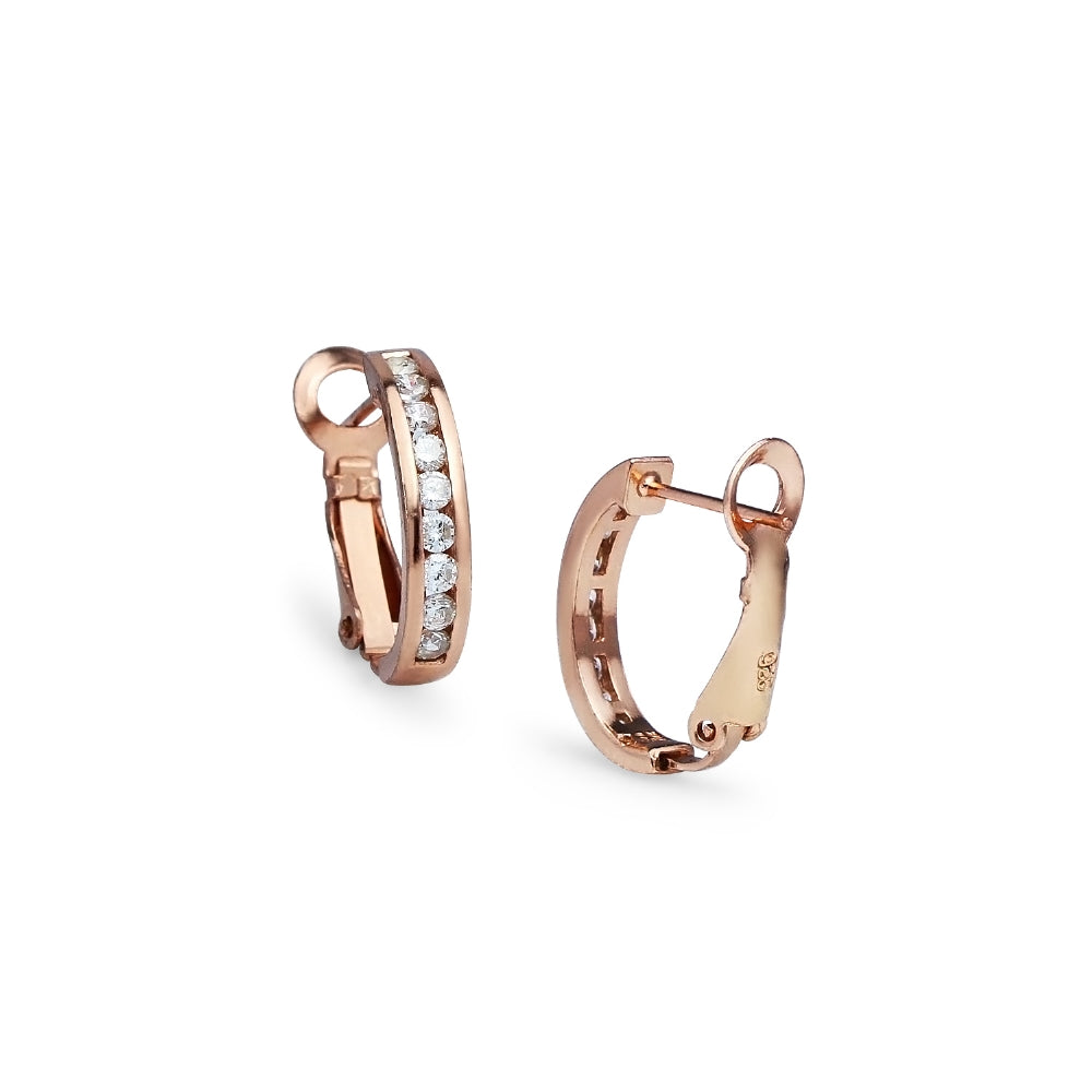 Rose Gold Flashed Sterling Silver Cubic Zirconia 18mm Clutchless Channel Set Oval Half Hoop Earrings-3