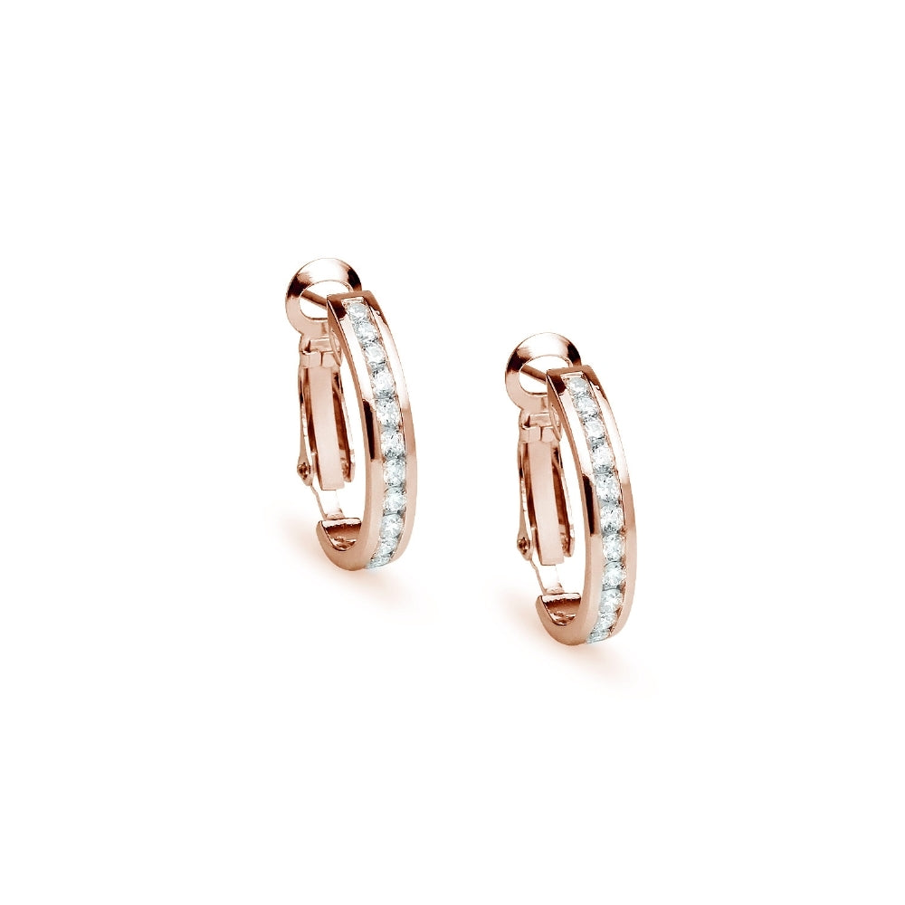 Rose Gold Flashed Sterling Silver Cubic Zirconia 20mm Clutchless Channel Set Oval Half Hoop Earrings