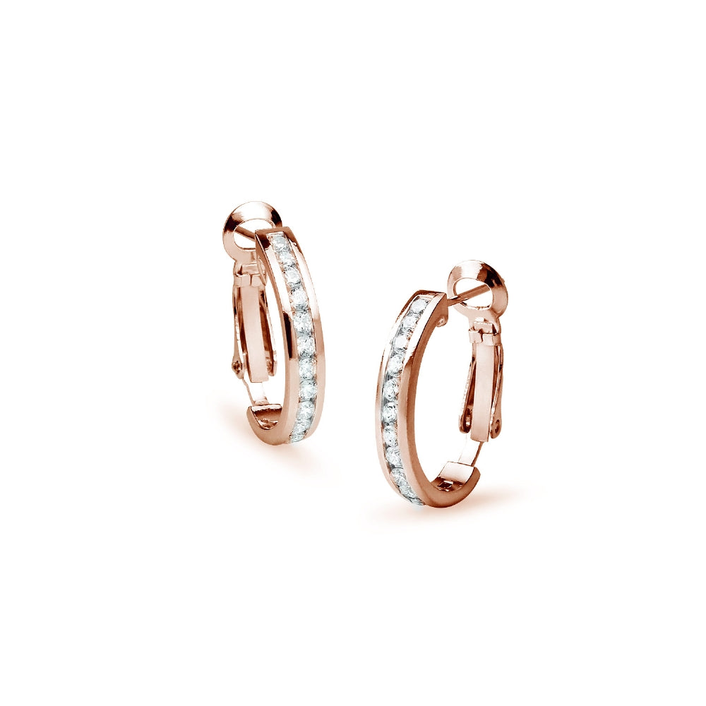 Rose Gold Flashed Sterling Silver Cubic Zirconia 20mm Clutchless Channel Set Oval Half Hoop Earrings-2