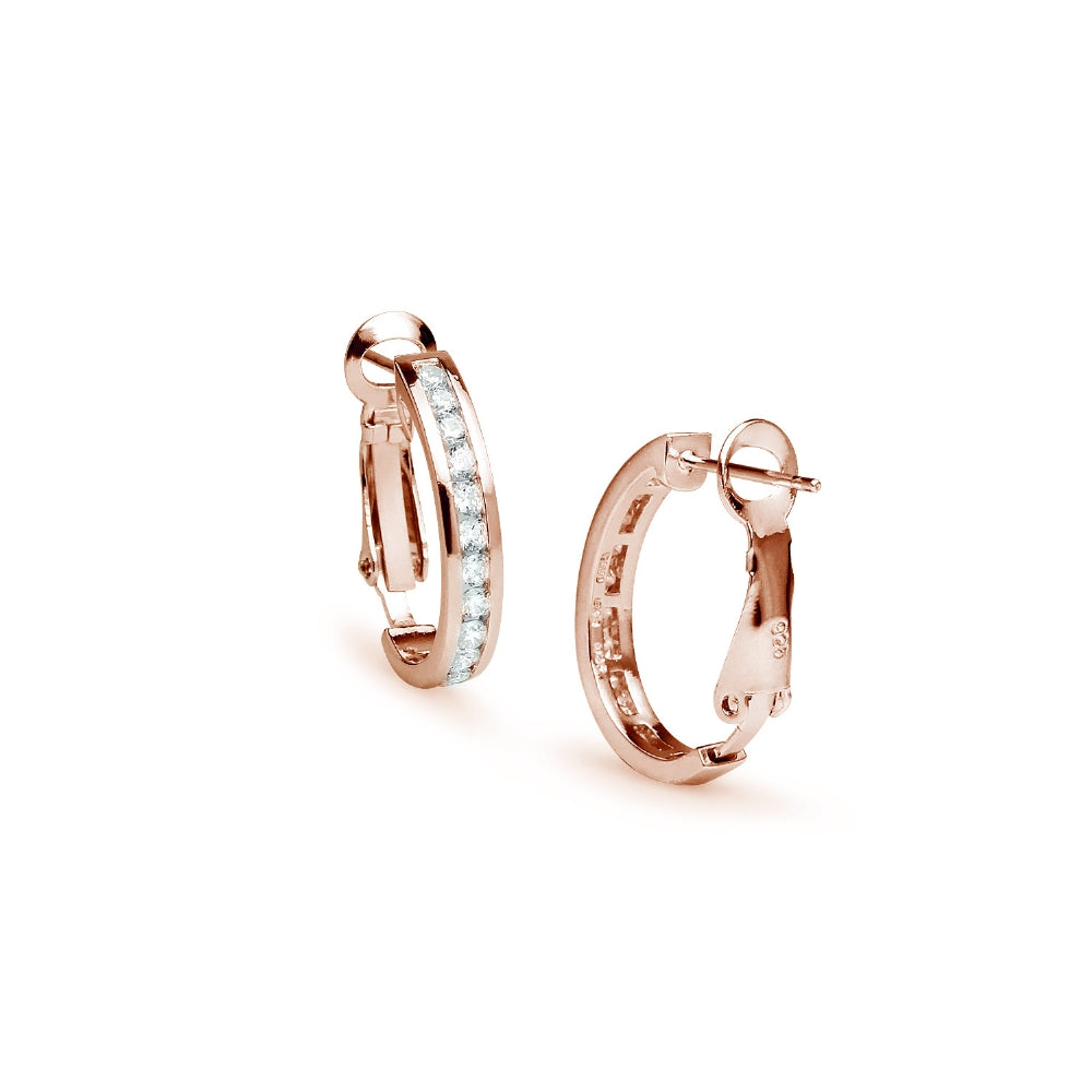 Rose Gold Flashed Sterling Silver Cubic Zirconia 20mm Clutchless Channel Set Oval Half Hoop Earrings-3