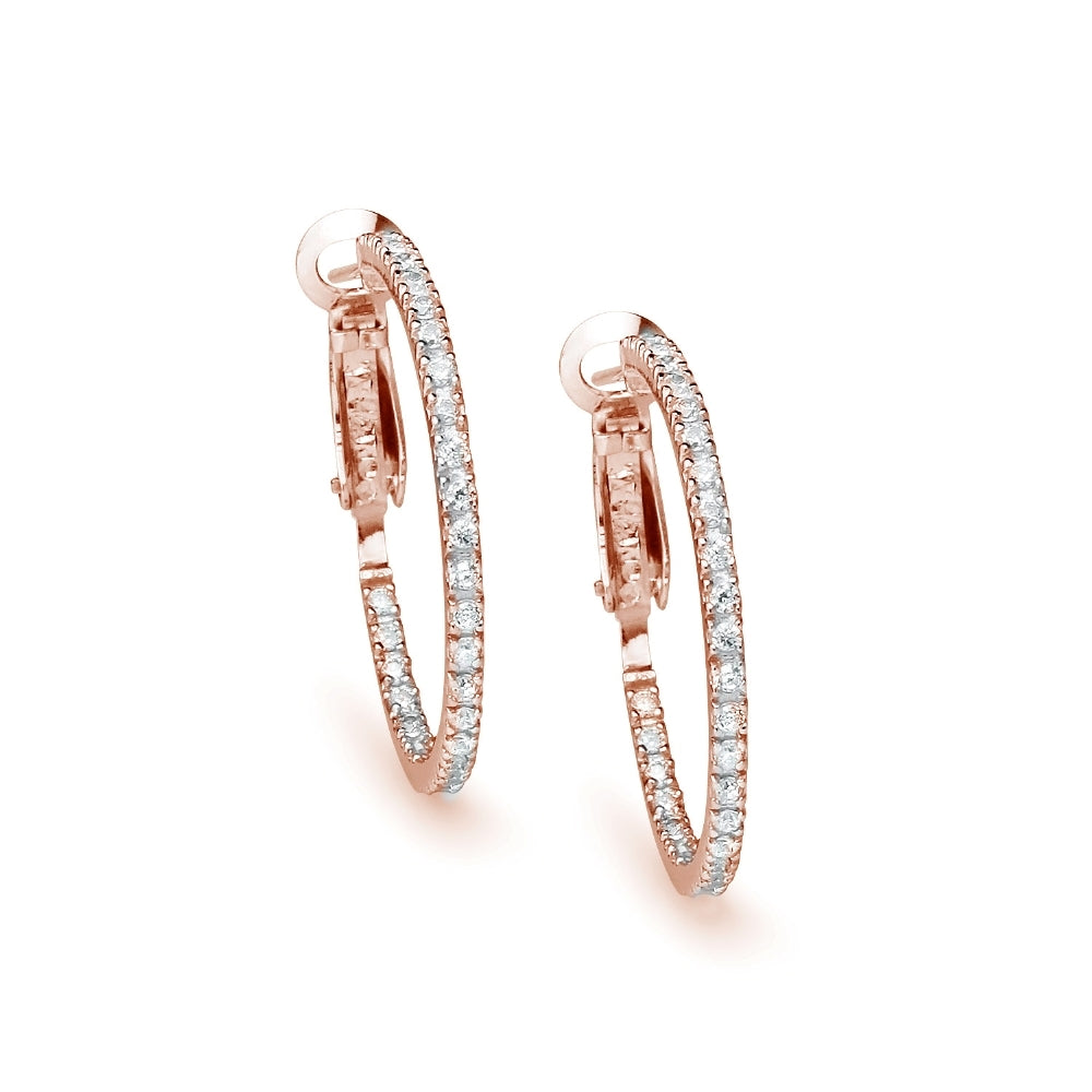 Rose Gold Flashed Sterling Silver Cubic Zirconia Inside Out 2x30mm Clutchless Round Hoop Earrings