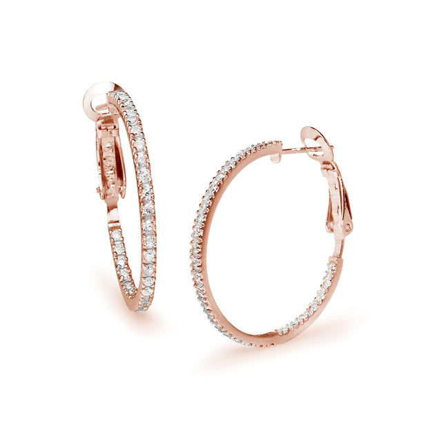 Rose Gold Flashed Sterling Silver Cubic Zirconia Inside Out 2x30mm Clutchless Round Hoop Earrings