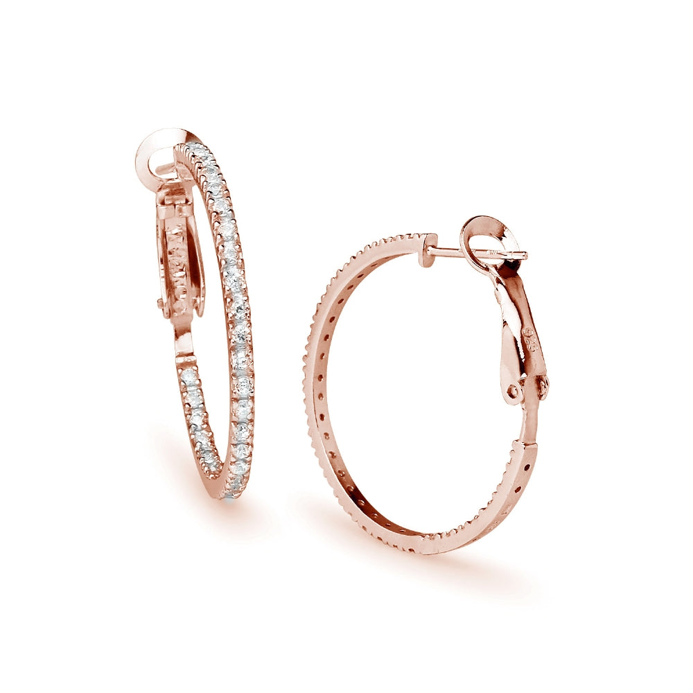 Rose Gold Flashed Sterling Silver Cubic Zirconia Inside Out 2x30mm Clutchless Round Hoop Earrings-3