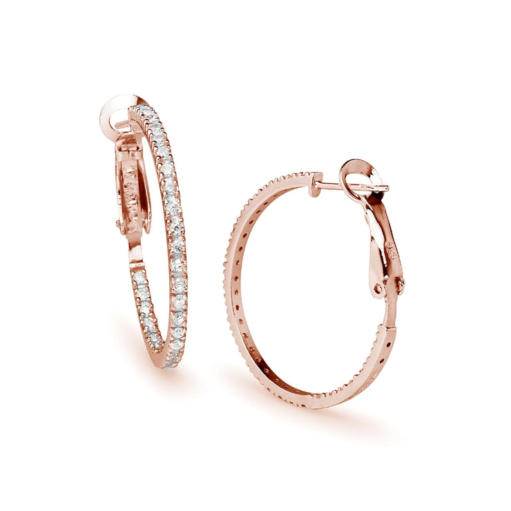 Rose Gold Flashed Sterling Silver Cubic Zirconia Inside Out 2x30mm Clutchless Round Hoop Earrings