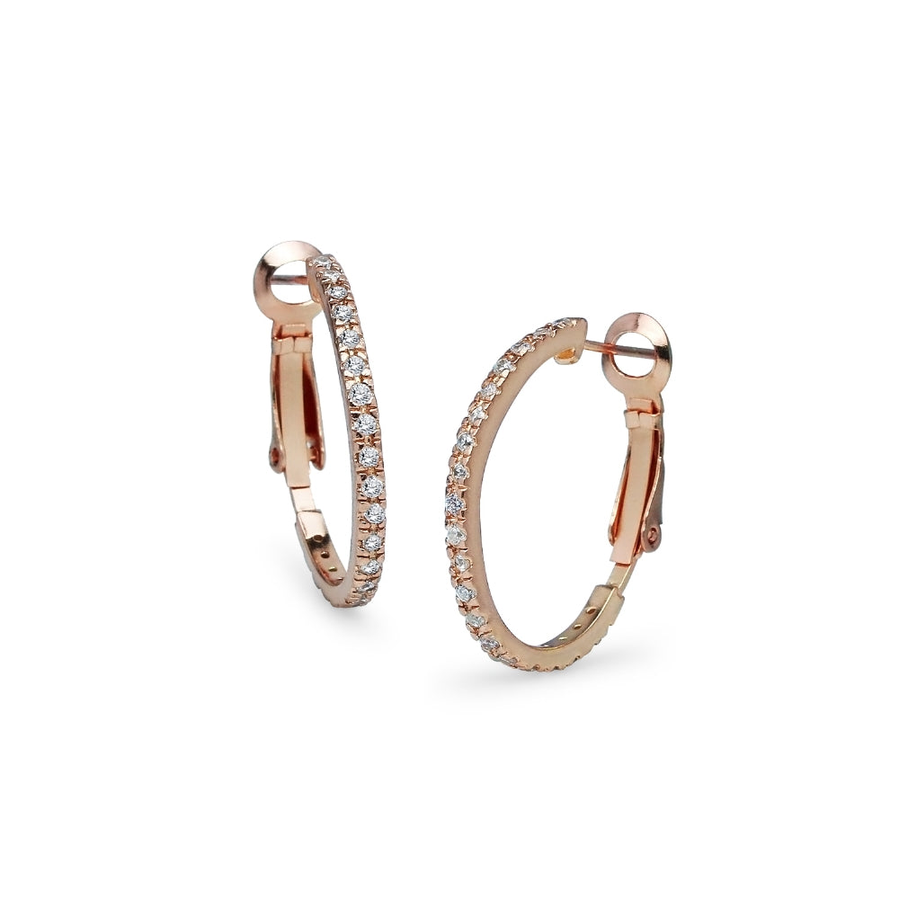 Rose Gold Flashed Sterling Silver Cubic Zirconia Inside Out 2x25mm Clutchless Hoop Earrings-2
