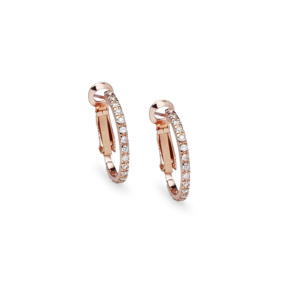 Rose Gold Flashed Sterling Silver Cubic Zirconia Inside Out 2x20mm Clutchless Half-Oval Hoop Earrings