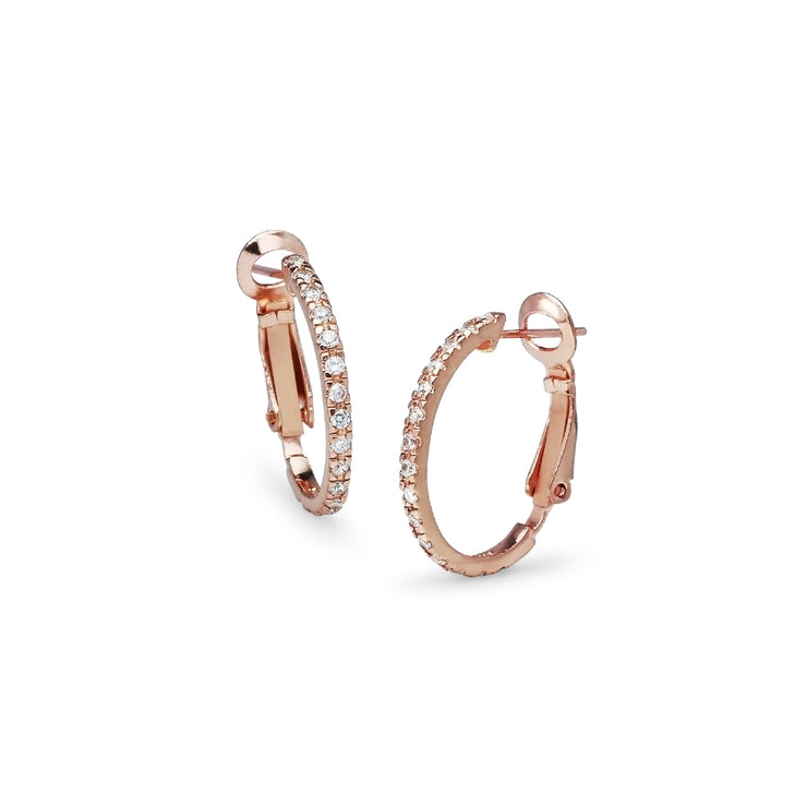 Rose Gold Flashed Sterling Silver Cubic Zirconia Inside Out 2x20mm Clutchless Half-Oval Hoop Earrings