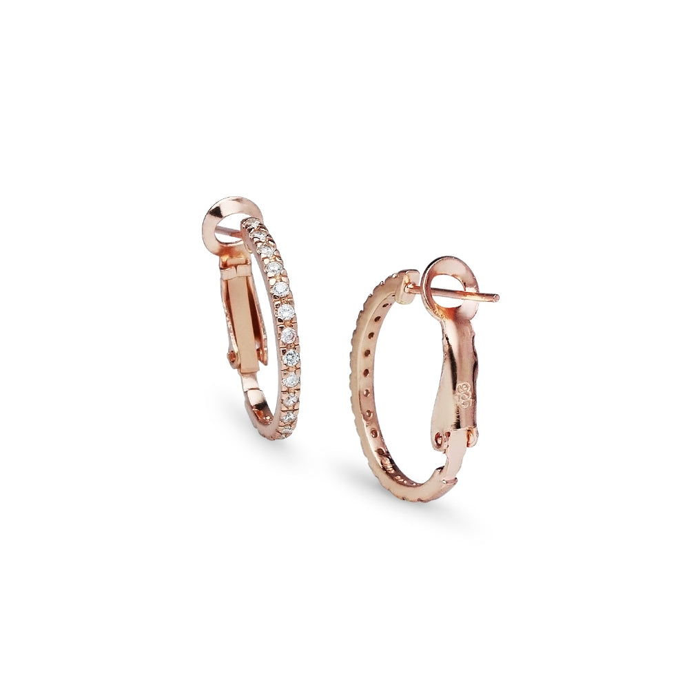 Rose Gold Flashed Sterling Silver Cubic Zirconia Inside Out 2x20mm Clutchless Half-Oval Hoop Earrings-3