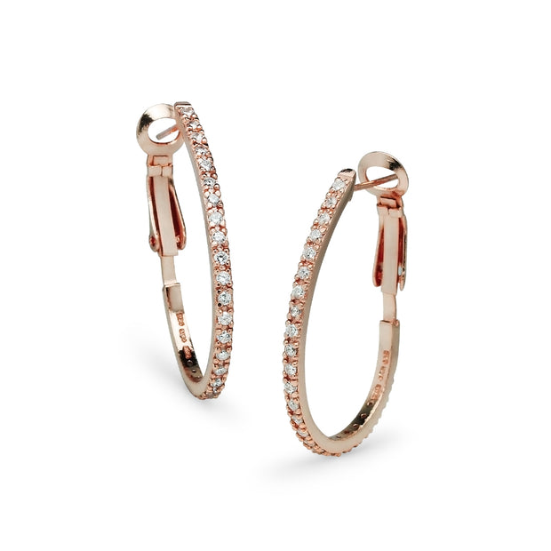 Rose Gold Flashed Sterling Silver Cubic Zirconia 33mm Clutchless Oval Hoop Earrings