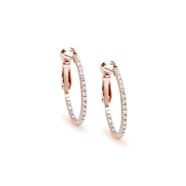 Rose Gold Flashed Sterling Silver Cubic Zirconia 28mm Clutchless Oval Hoop Earrings