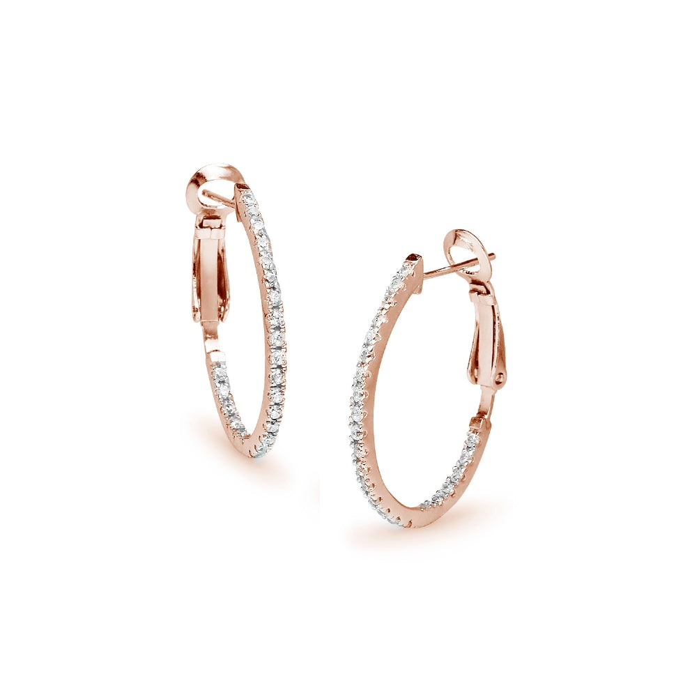 Rose Gold Flashed Sterling Silver Cubic Zirconia 28mm Clutchless Oval Hoop Earrings-2