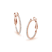 Rose Gold Flashed Sterling Silver Cubic Zirconia 28mm Clutchless Oval Hoop Earrings