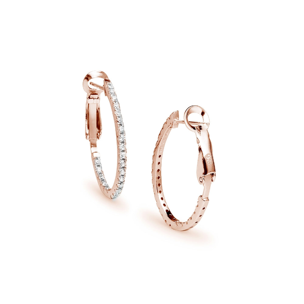 Rose Gold Flashed Sterling Silver Cubic Zirconia 28mm Clutchless Oval Hoop Earrings-3