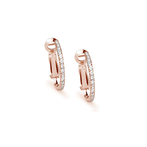 Rose Gold Flashed Sterling Silver Cubic Zirconia 21mm Clutchless Oval Hoop Earrings