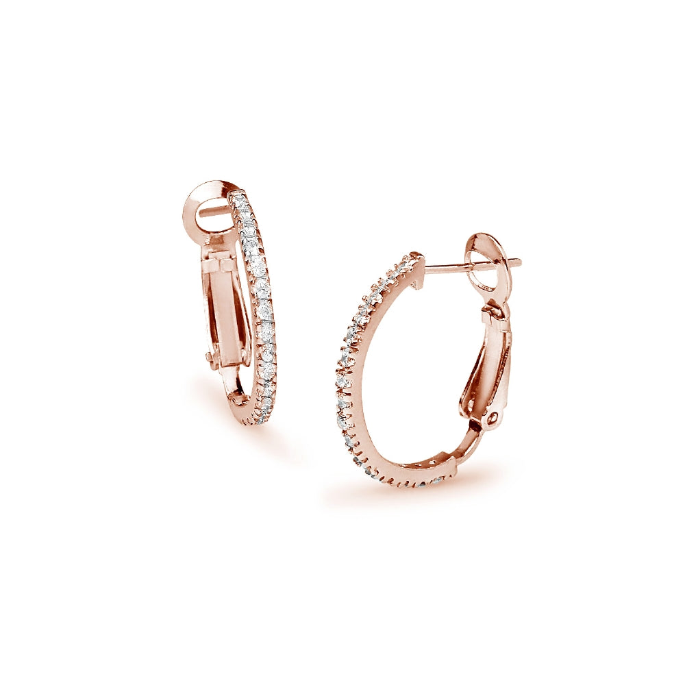 Rose Gold Flashed Sterling Silver Cubic Zirconia 21mm Clutchless Oval Hoop Earrings-2