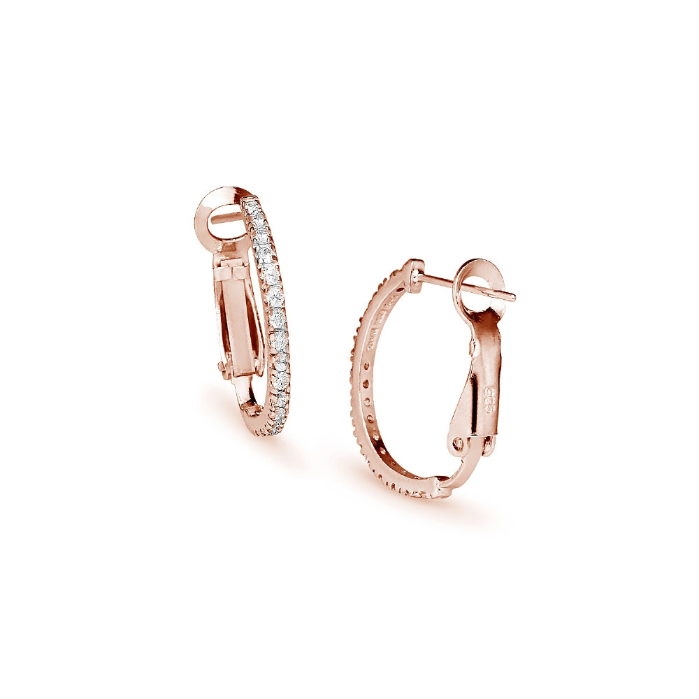 Rose Gold Flashed Sterling Silver Cubic Zirconia 21mm Clutchless Oval Hoop Earrings-3
