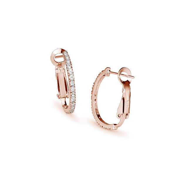 Rose Gold Flashed Sterling Silver Cubic Zirconia 21mm Clutchless Oval Hoop Earrings