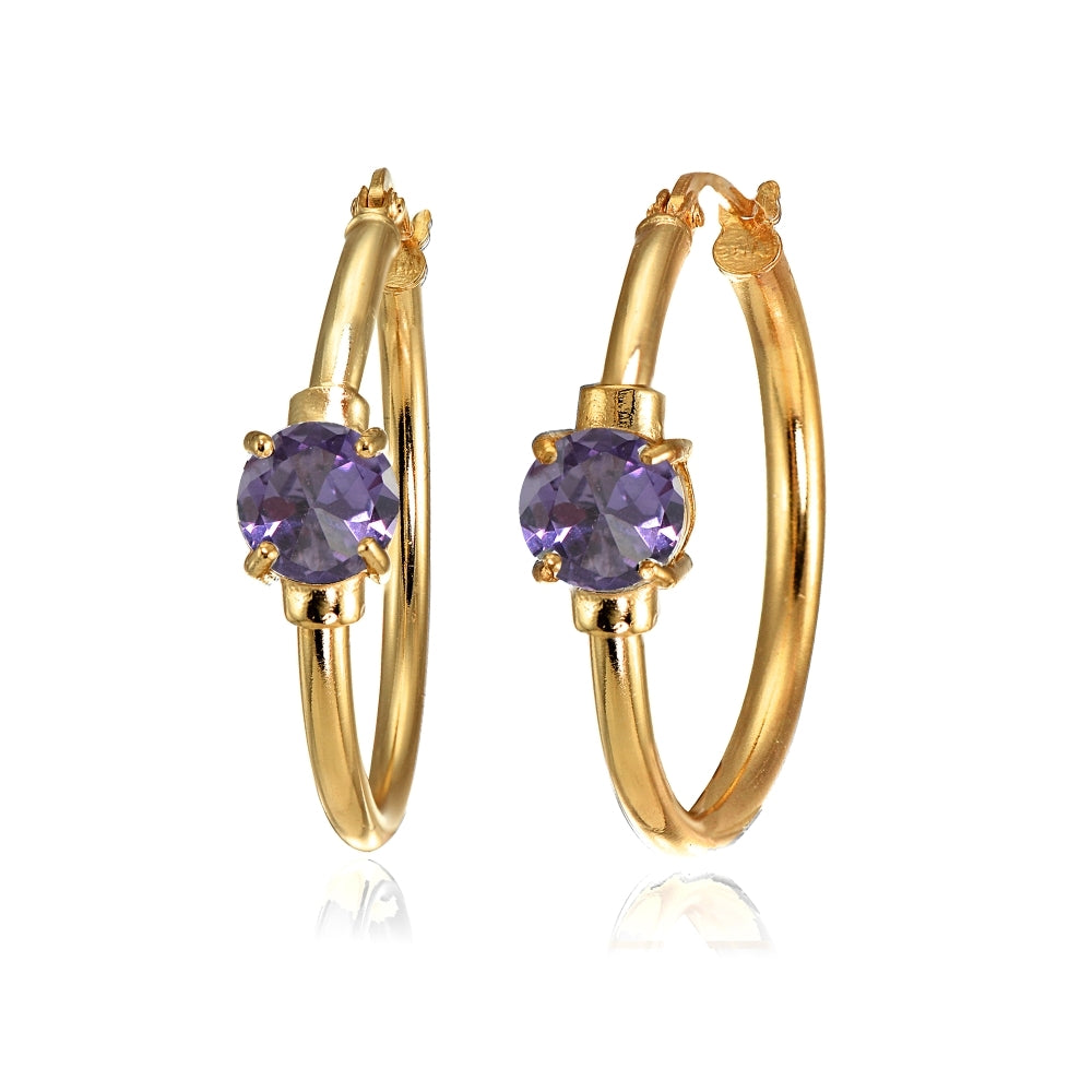 Rose Gold Flashed Sterling Silver Created Alexandrite Solitaire 25mm Hoop Earrings
