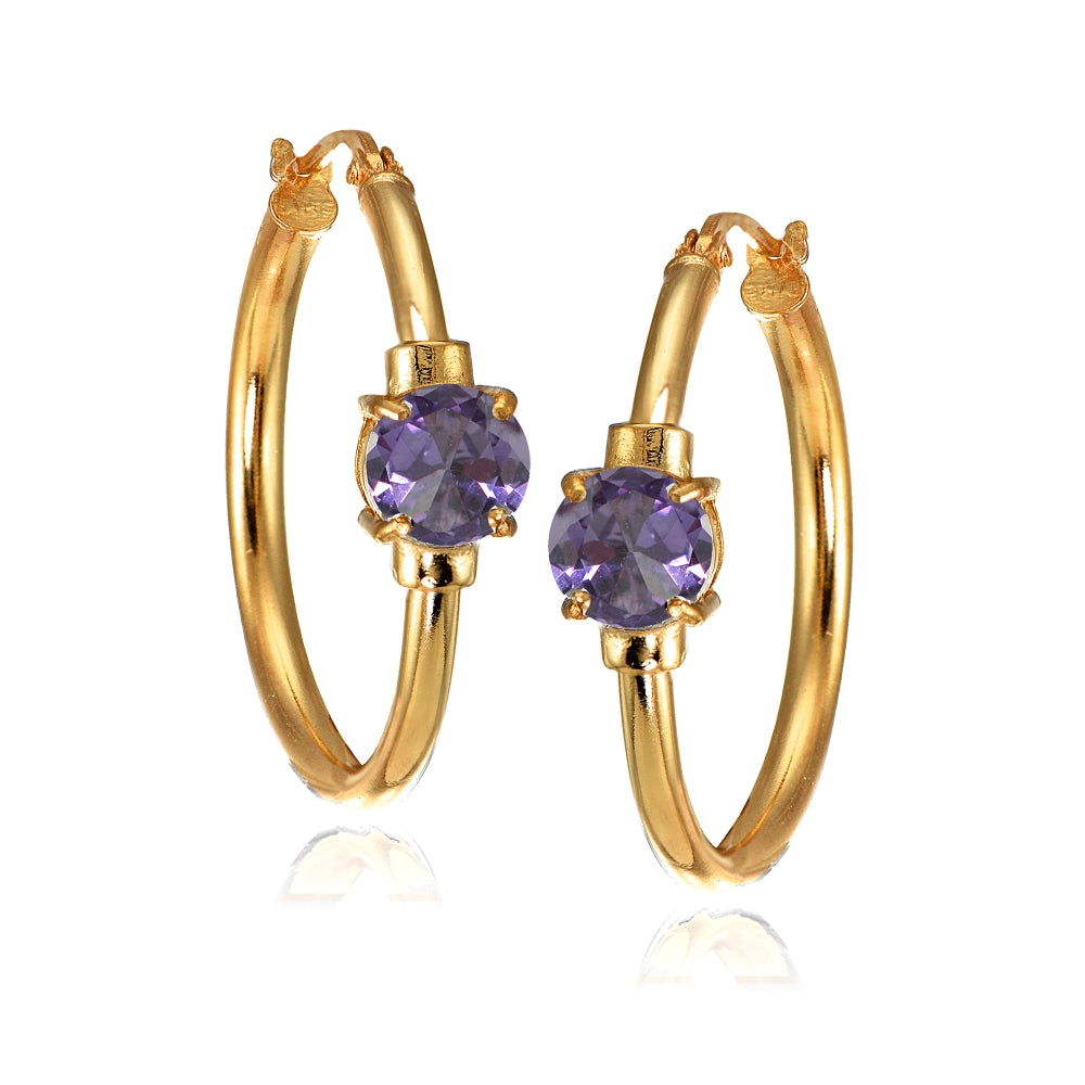 Rose Gold Flashed Sterling Silver Created Alexandrite Solitaire 25mm Hoop Earrings-3
